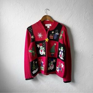 Vintage 90s Tiara International Christmas Patchwork Red Knit Jacket Sweater M
